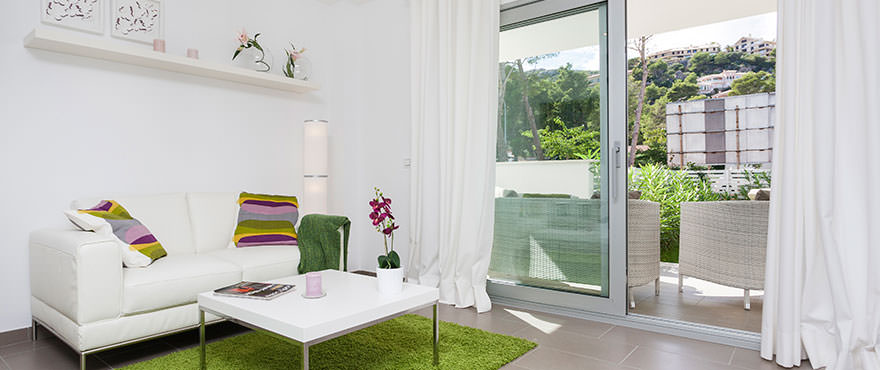 Ample living room in apartments for sale in Puerto Pollensa in Mallorca