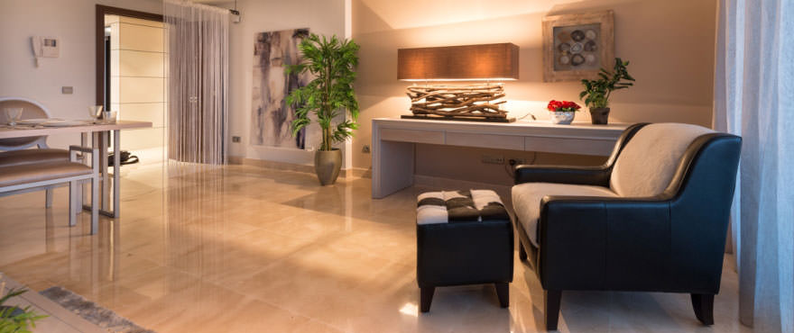 Avalon apartments for sale in Costa del Sol: Bright living room with garden views and terrace