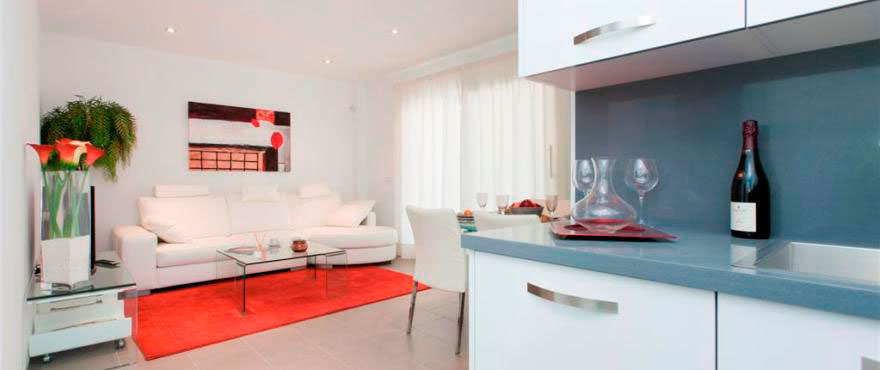 Living room seen from the kitchen in apartment in Aires de Pollensa, Mallorca