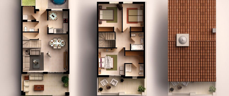 Plattegrond: 3 slaapkamers, 2 badkamers, toilet, terras, tuin en garage.