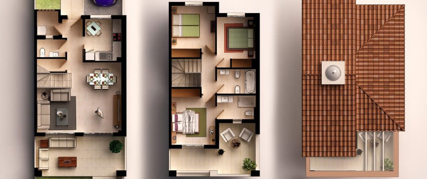 Plattegrond: 3 slaapkamers, 2 badkamers, toilet, terras, tuin en garage.