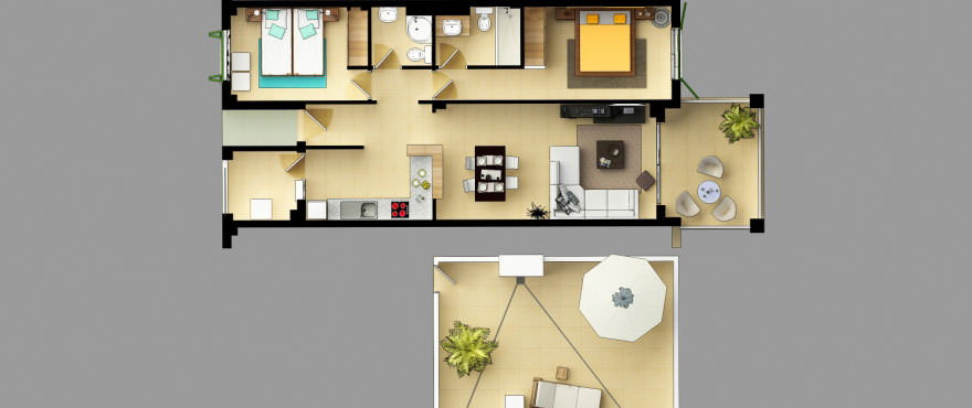 Plan van de begane grond met privétuin, 2 slaapkamers, 2 badkamers, keuken, woonkamer en wasruimte