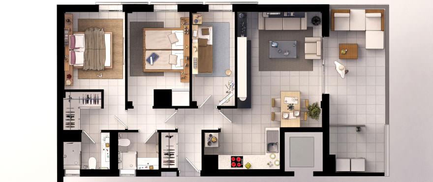 Apartment floorplan, 2 bathrooms, 3 bedrooms, kitchen, living room, solarium and laundry