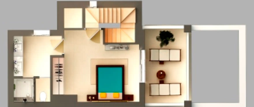 Floor plan of ground floor with: garden, terrace, 3 bedrooms, 2 bathrooms