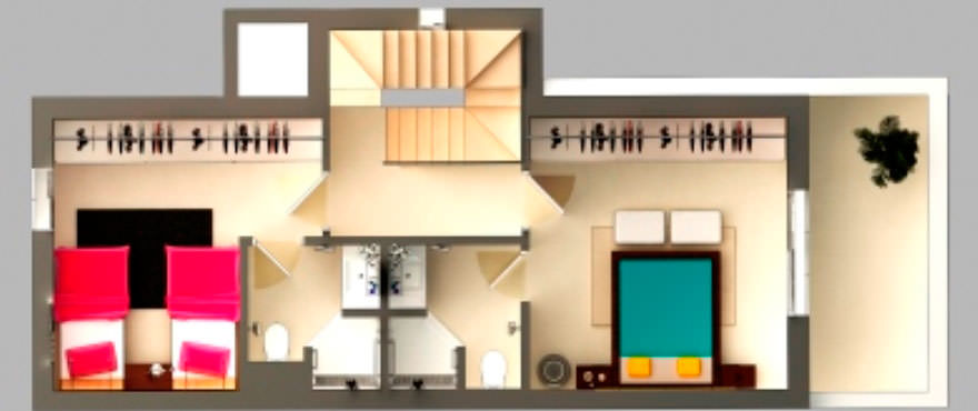 Floor plan of ground floor with: garden, terrace, 2 bedrooms, 2 bathrooms