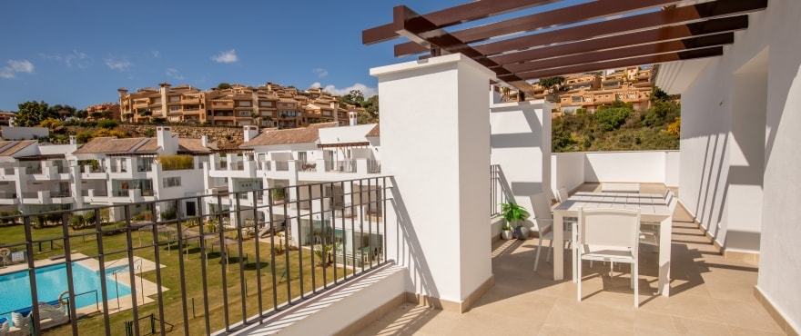 La Floresta Sur apartments for sale: Spacious terrace with sea, forest and swimming pool views