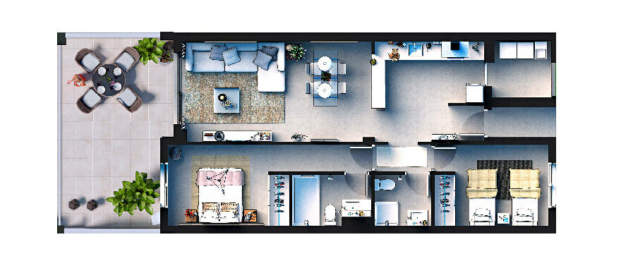 Grundriss eines Apartments mit 2 Schlafzimmern und Terrasse