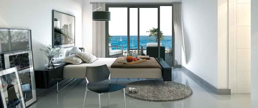 Light and spacious main bedroom with sea views in townhouses for sale in Cala Magrana Mar, Mallorca