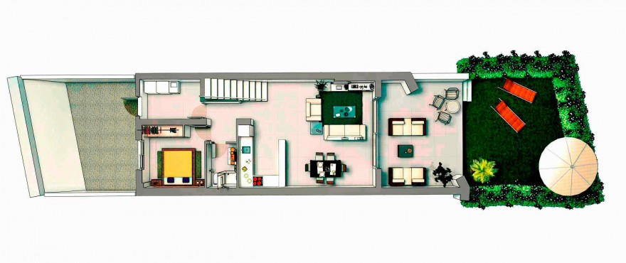 Ground floor plan with private garden, 1 bedroom, 1 bathroom, kitchen, living room and laundry room