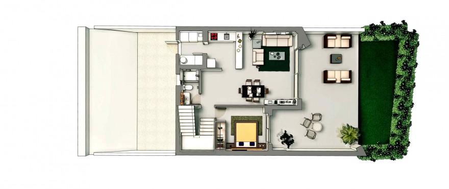 Ground floor plan with private garden, 1 bedroom, 1 bathroom, kitchen, living room and laundry room