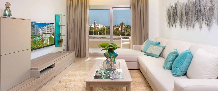 Bright living room at the Acqua apartments, Marbella