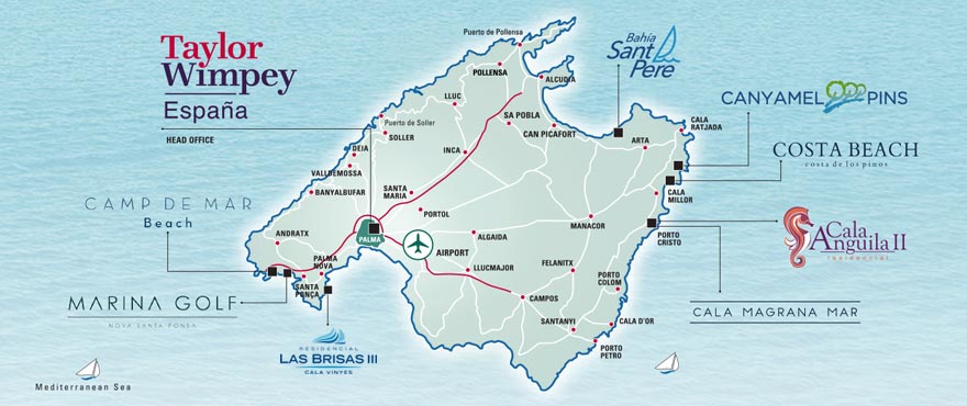 Map with Taylor Wimpey Spain properties in Mallorca