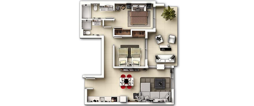 Grundriss der neuen 2-Schlafzimmer-Apartments im Wohnkomplex Panorama Mar
