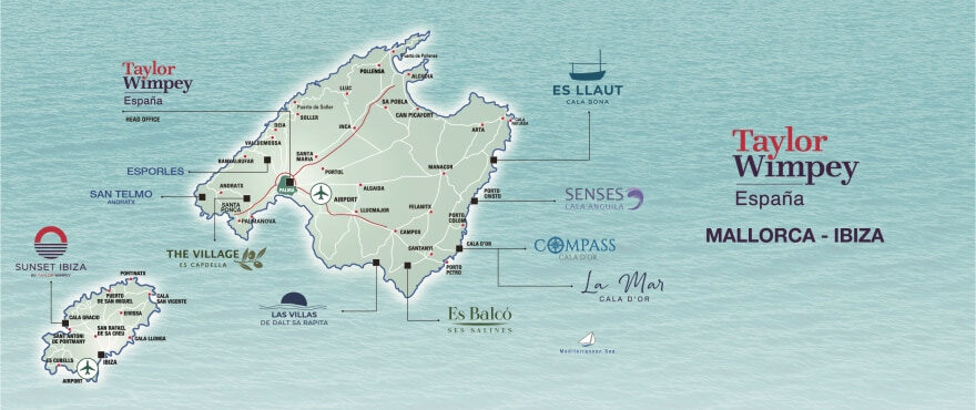 Karte mit Taylor Wimpey Projekten auf Mallorca-Ibiza