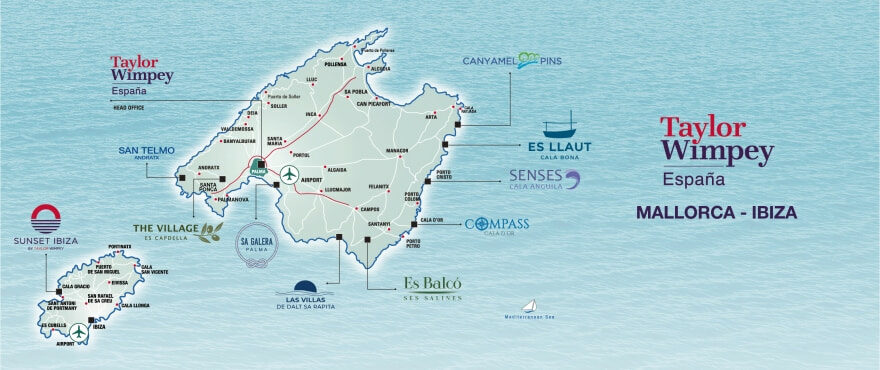 Områdeskarta över bostäderna av Taylor Wimpey España i Mallorca-Ibiza
