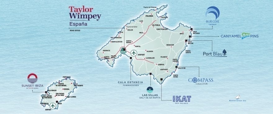 Områdeskarta över bostäderna av Taylor Wimpey España i Mallorca-Ibiza