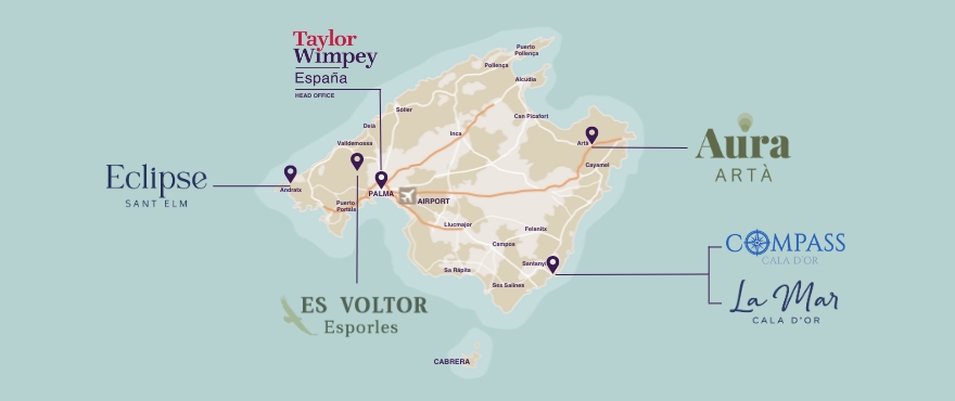 Karte mit Taylor Wimpey Projekten auf Mallorca