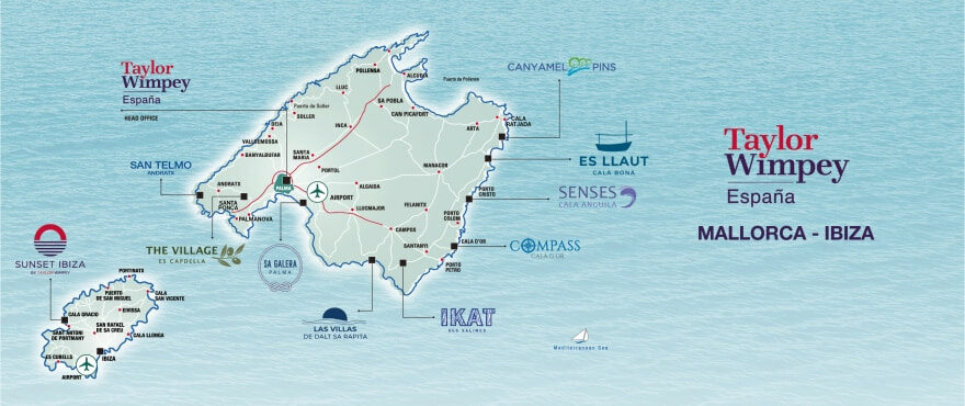 Karte mit Taylor Wimpey Projekten auf Mallorca-Ibiza
