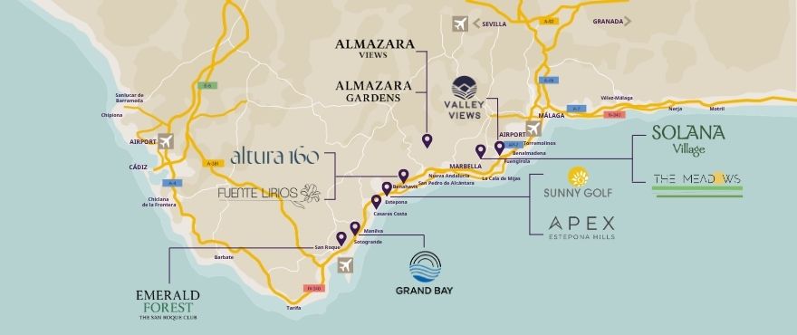 Mapa Nowe nieruchomości Taylor Wimpey Spain na sprzedaż Costa del Sol