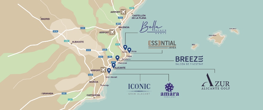 Karte mit Taylor Wimpey Projekten auf Costa Blanca