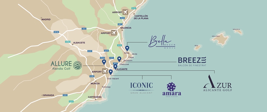 Mapa sytuacyjna osiedli firmy Taylor Wimpey España na Costa Blanca