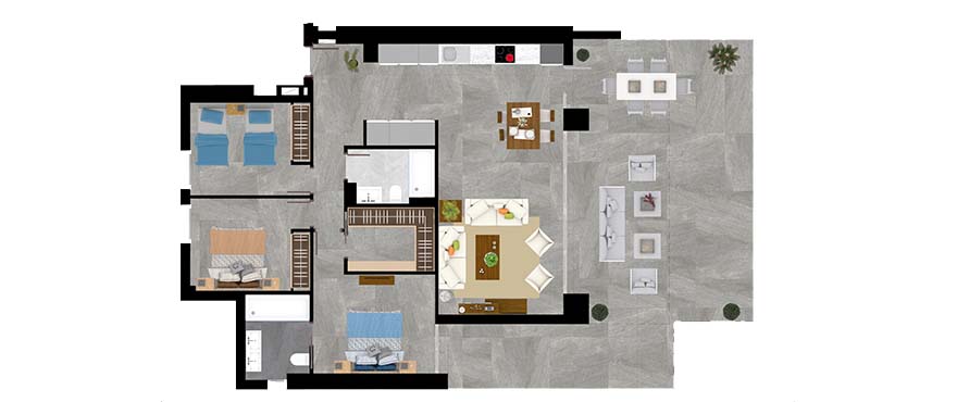 Plano tipo A - apartamento de 3 dormitorios y 2 baños