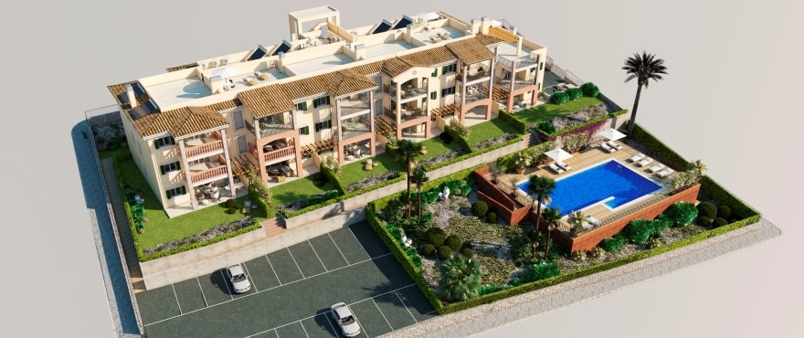 Royal Blue, Overview of the apartments for sale with communal pool and outdoor parking.
