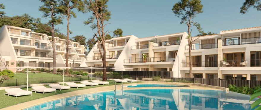 Modern apartments for sale in Moraira, with communal pools and gardens