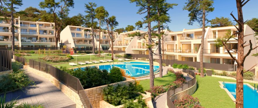 Modern apartments for sale in Moraira, with communal pools and gardens