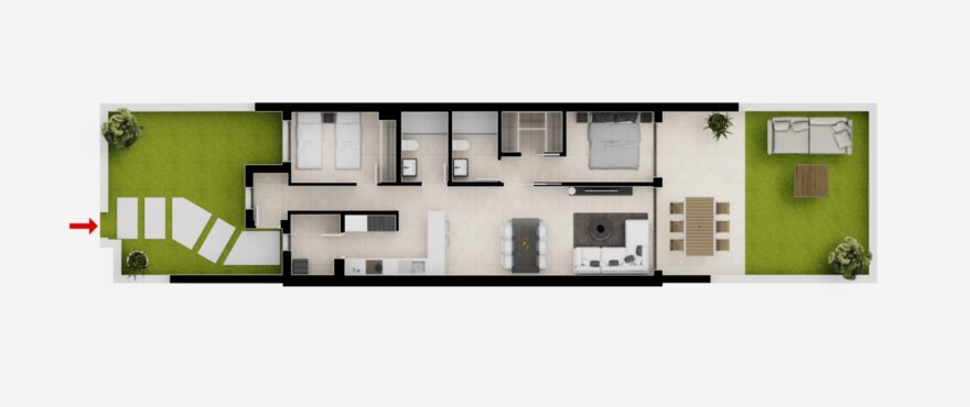 Plan of the new 2-bed apartment Aqua. Groundfloor