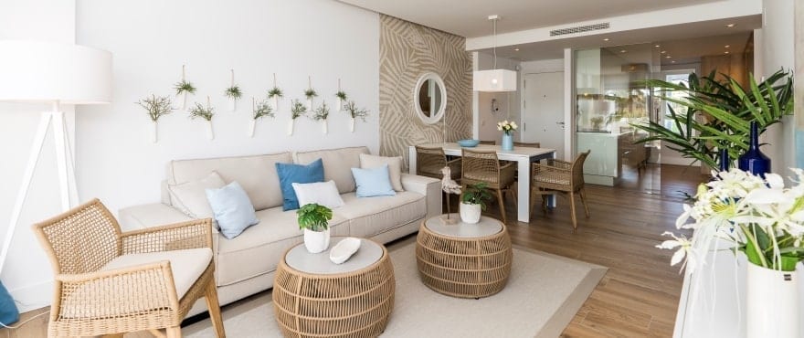 Pier, bright living room at the new apartments for sale in La Marina Sotogrande