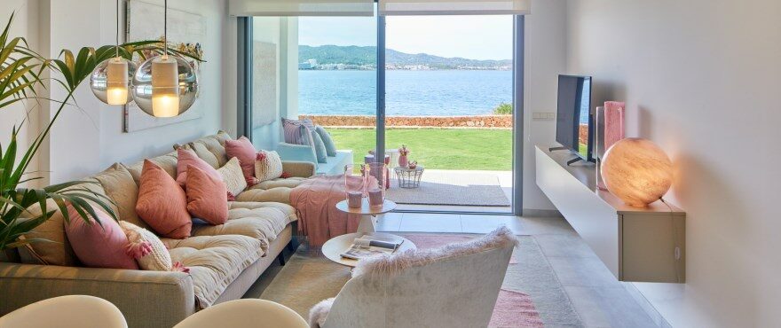 Bright living-dining room at Sunset Ibiza, with a large terrace and sea views