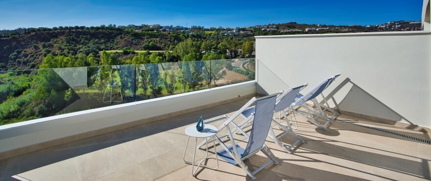 Large solarium with panoramic views of the golf course at La Cala Resort