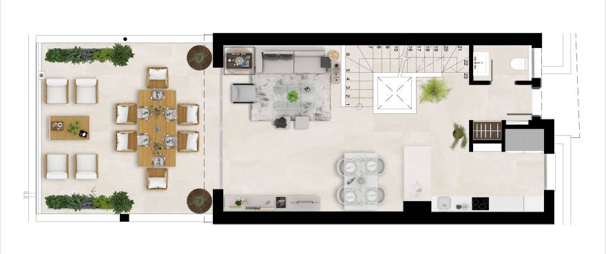 Natura – plan of the ground floor, living room, dining room, kitchen, terrace and cloakroom