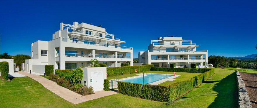 Large terraces with views of the golf course and the sea at Emerald Greens, San Roque. South facing aspect