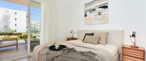 Bright bedroom in the new Compass apartments. Mediterranean bedrooms