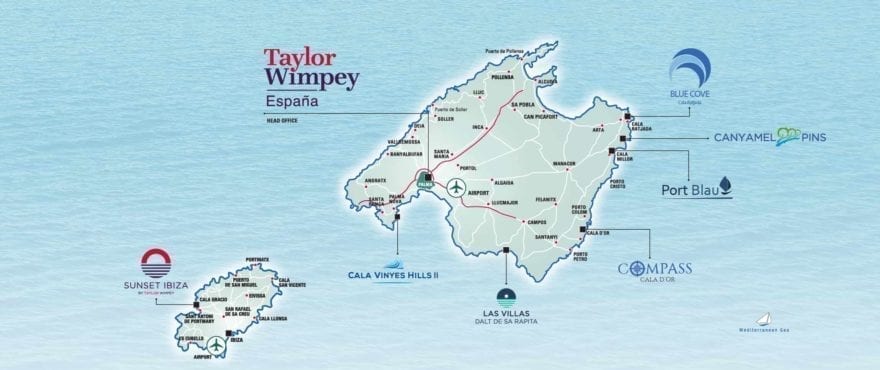 Karte mit Taylor Wimpey Projekten auf Mallorca-Ibiza