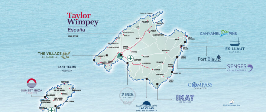 Map over Taylor Wimpey developments on Balearics