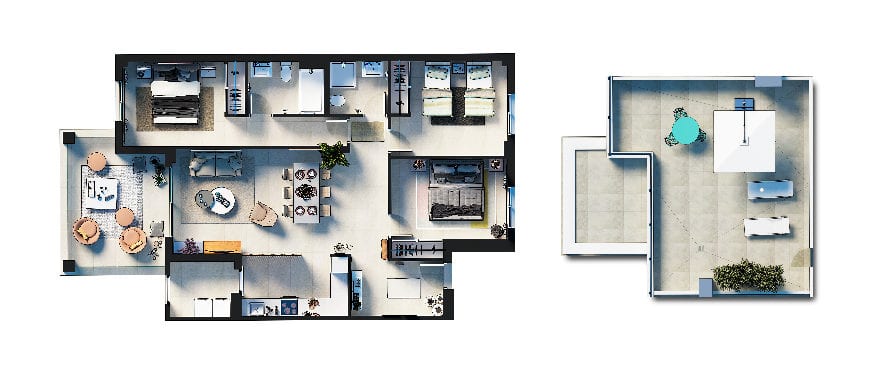 Grundriss eines Apartments mit 3 Schlafzimmern und Dachterrasse