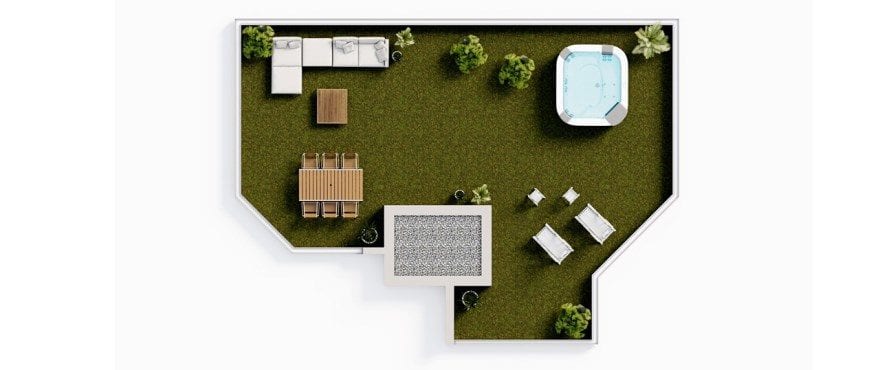Plan d’un attique neuf Essential à 3 chambres. Solarium