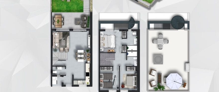 Plan domu na sprzedaż na Costa Blanca, trzy sypialnie, dwie łazienki, toaleta, garaż i ogród. Z solarium