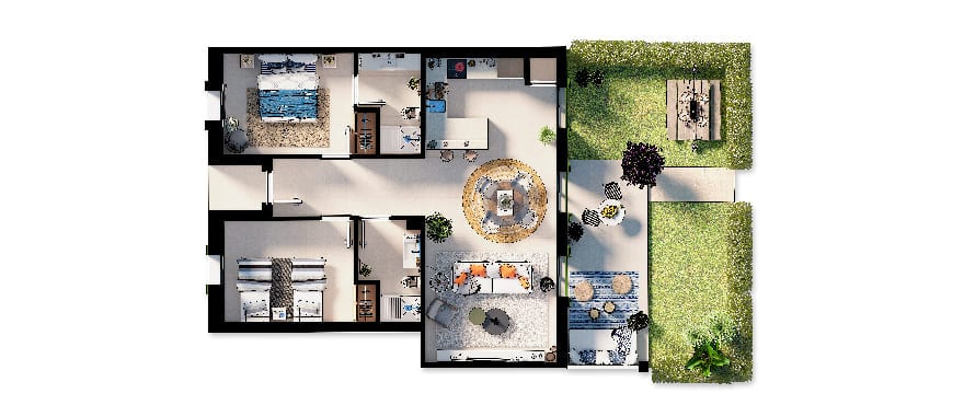 Ikat, Grundriss Apartment mit 2 Schlafzimmern