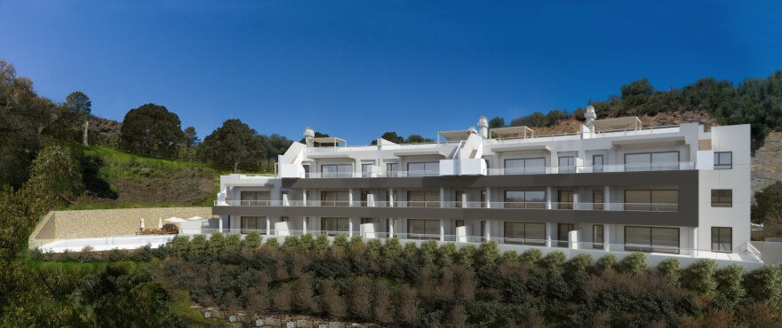 Façade of the new apartments for sale at The Crest, Benahavis