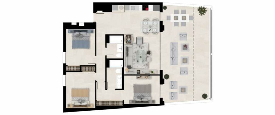 Plattegrond van appartement type A met 3 slaapkamers en 2 badkamers. Begane grond