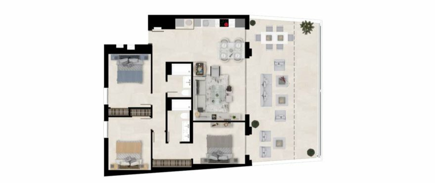 Plattegrond van appartement type B met 3 slaapkamers en 2 badkamers. Begane grond