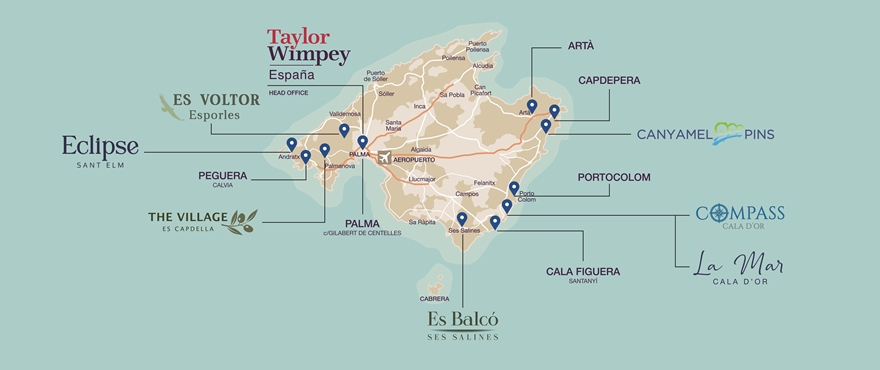 Områdeskarta över bostäderna av Taylor Wimpey España i Mallorca