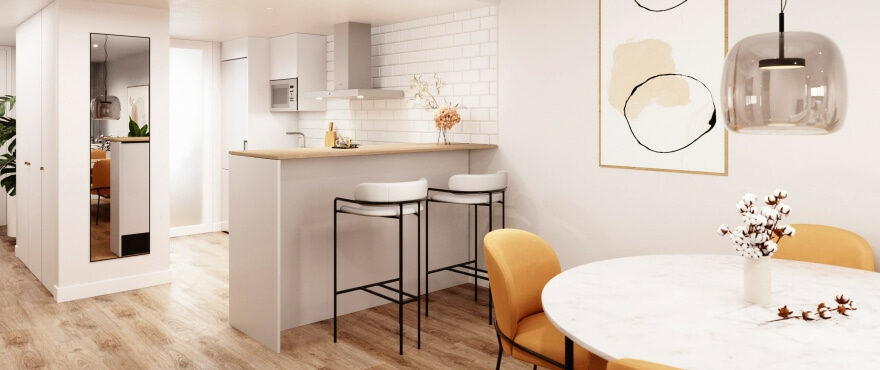 Salón y cocina integrados, en la nueva promoción en venta de Amara