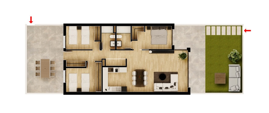 Amara, Gran Alacant, planlösning för lägenhet med 3 sovrum. Bottenvåning
