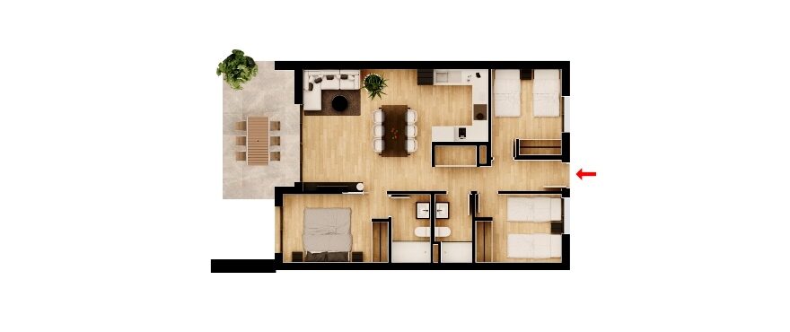 Amara, Gran Alacant, Grundriss eines 3-Schlafzimmer-Apartments. Erste Etage