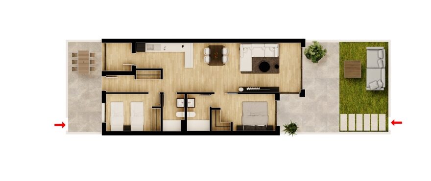 Amara, Gran Alacant, plan of the 2 bedroom apartment. Groundfloor